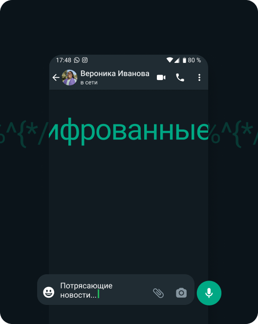 снимок экрана приложения WhatsApp, демонстрирующий защиту сообщений сквозным шифрованием